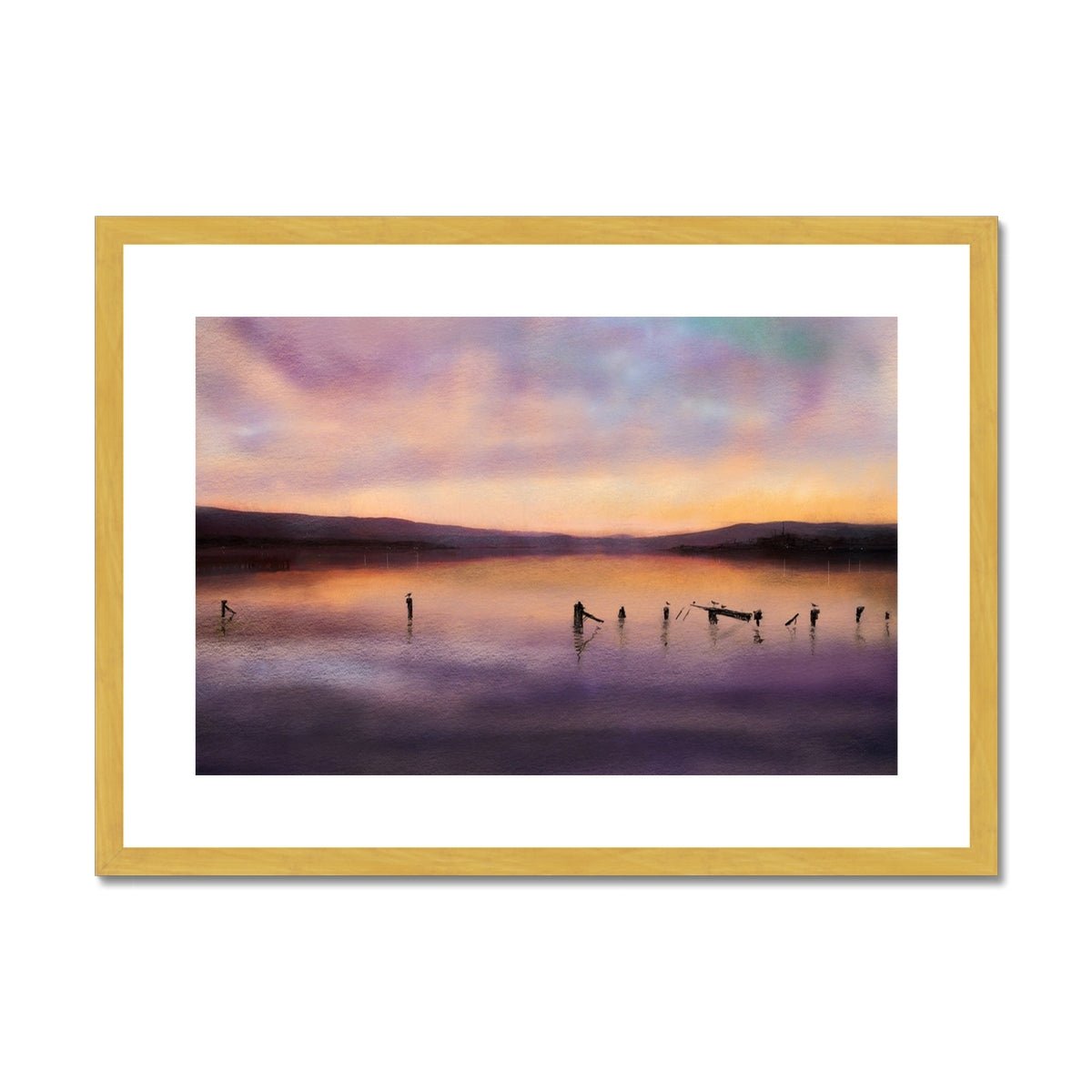 Admiralty Jetty Dusk Painting | Antique Framed & Mounted Prints From Scotland-Antique Framed & Mounted Prints-River Clyde Art Gallery-A2 Landscape-Gold Frame-Paintings, Prints, Homeware, Art Gifts From Scotland By Scottish Artist Kevin Hunter