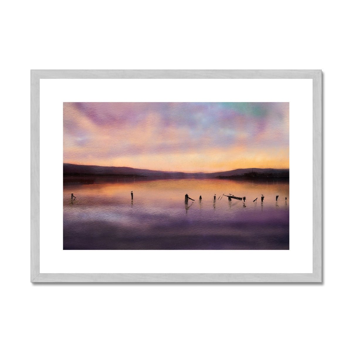 Admiralty Jetty Dusk Painting | Antique Framed & Mounted Prints From Scotland-Antique Framed & Mounted Prints-River Clyde Art Gallery-A2 Landscape-Silver Frame-Paintings, Prints, Homeware, Art Gifts From Scotland By Scottish Artist Kevin Hunter
