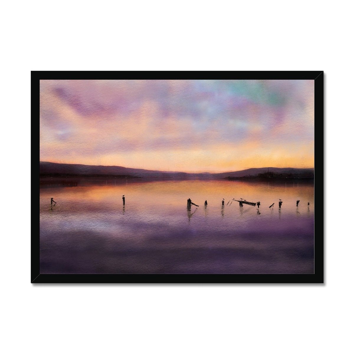 Admiralty Jetty Dusk Painting | Framed Prints From Scotland-Framed Prints-River Clyde Art Gallery-A2 Landscape-Black Frame-Paintings, Prints, Homeware, Art Gifts From Scotland By Scottish Artist Kevin Hunter