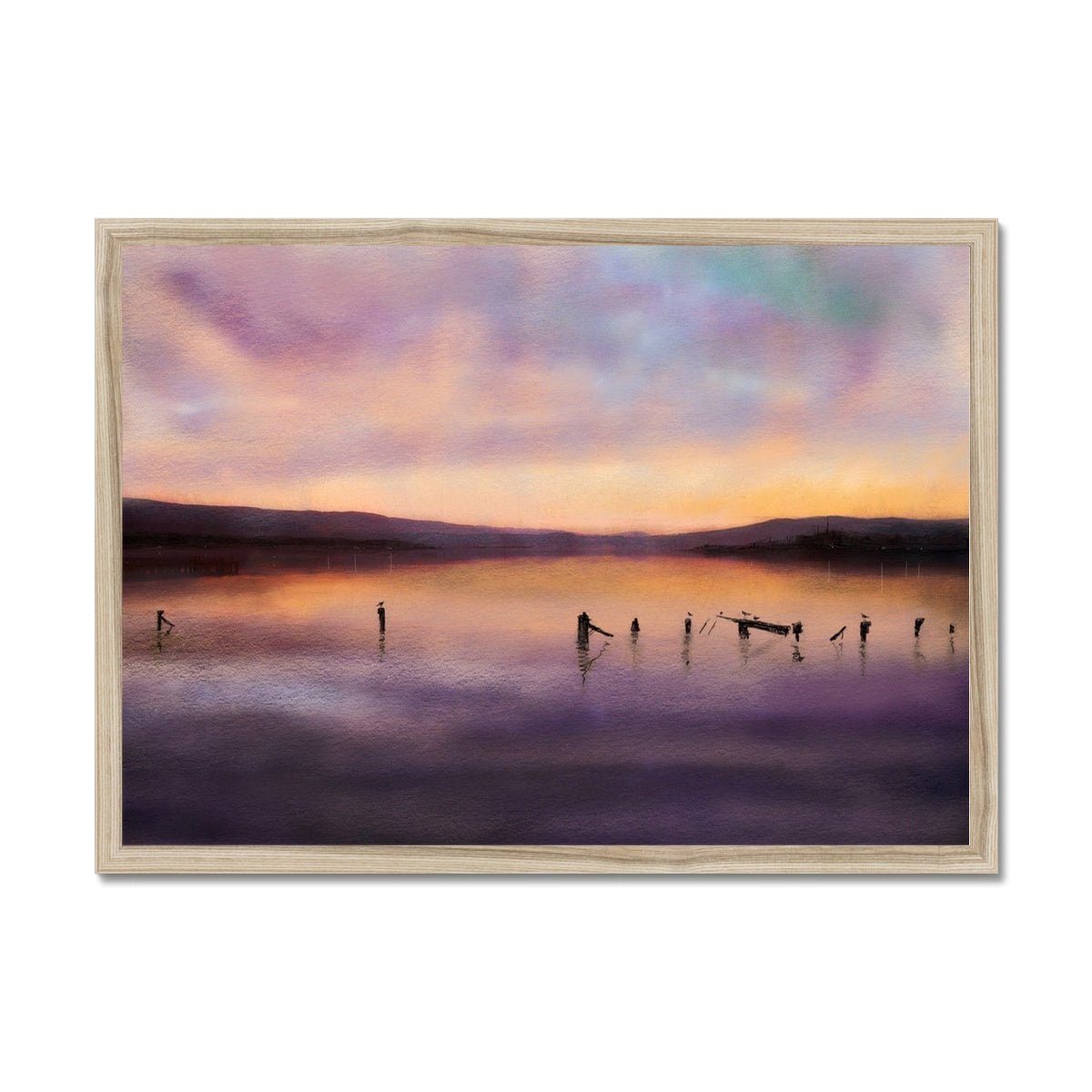 Admiralty Jetty Dusk Painting | Framed Prints From Scotland-Framed Prints-River Clyde Art Gallery-A2 Landscape-Natural Frame-Paintings, Prints, Homeware, Art Gifts From Scotland By Scottish Artist Kevin Hunter