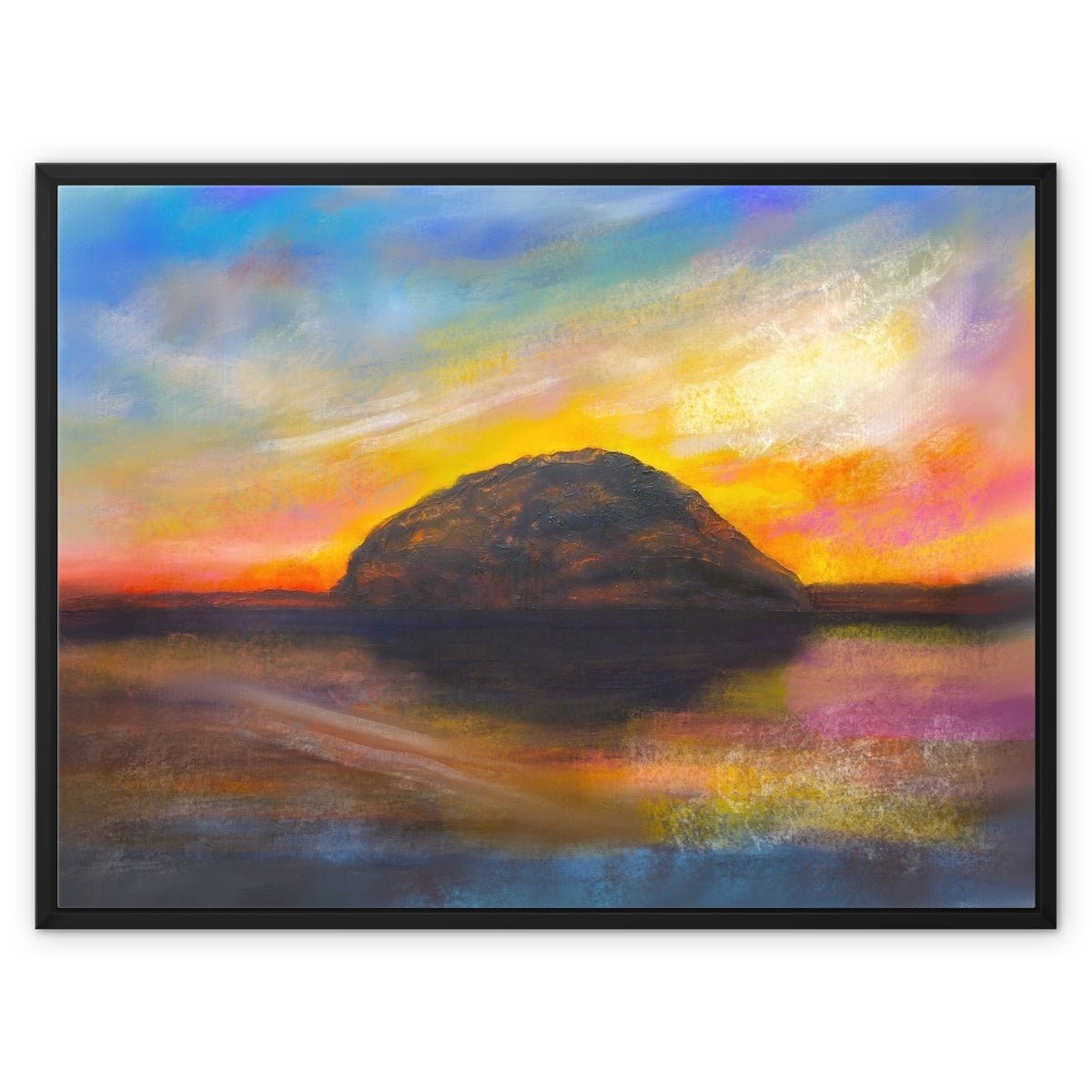 Ailsa Craig Dusk Painting | Framed Canvas From Scotland-Floating Framed Canvas Prints-Arran Art Gallery-32"x24"-Black Frame-Paintings, Prints, Homeware, Art Gifts From Scotland By Scottish Artist Kevin Hunter