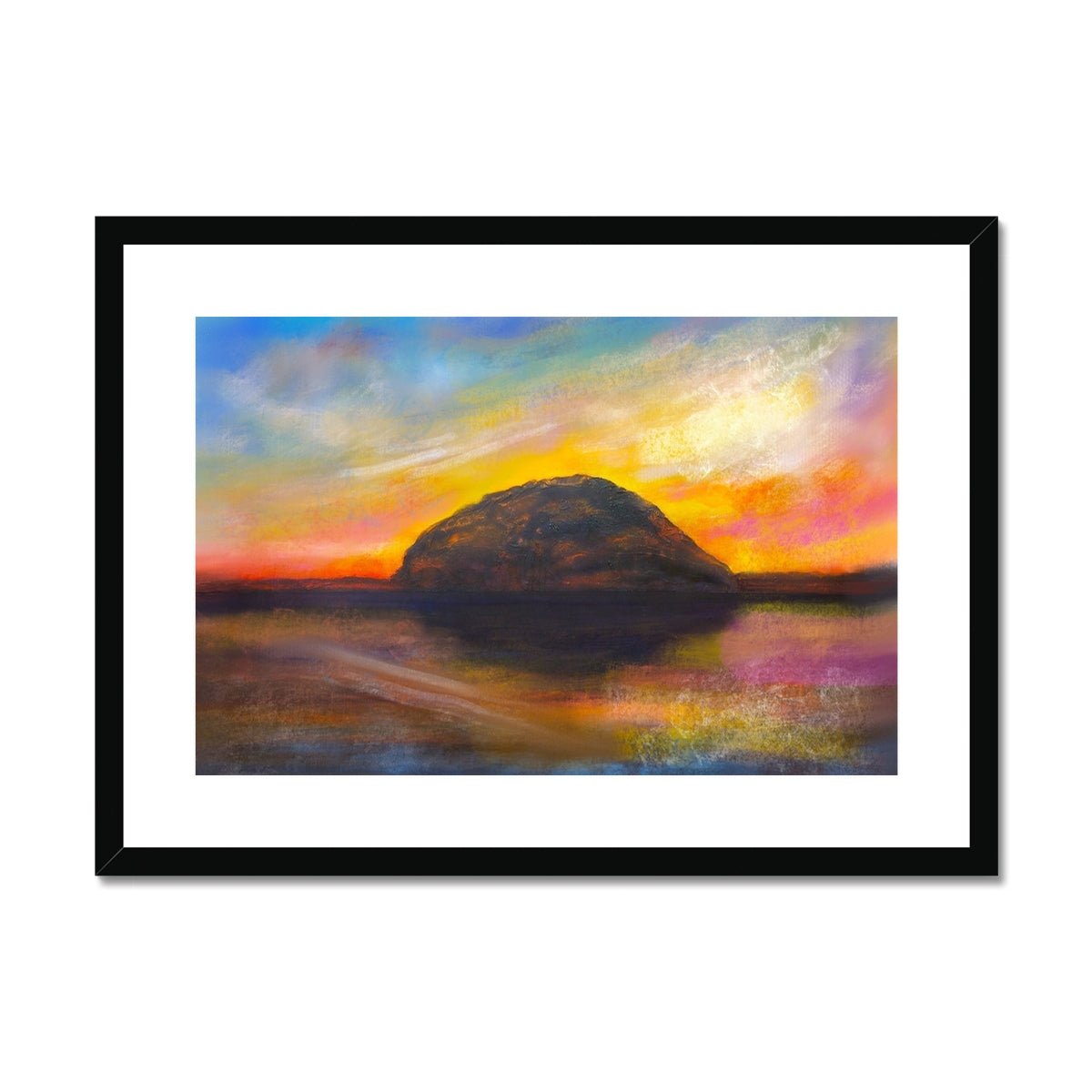Ailsa Craig Dusk Painting | Framed & Mounted Prints From Scotland-Framed & Mounted Prints-Arran Art Gallery-A2 Landscape-Black Frame-Paintings, Prints, Homeware, Art Gifts From Scotland By Scottish Artist Kevin Hunter