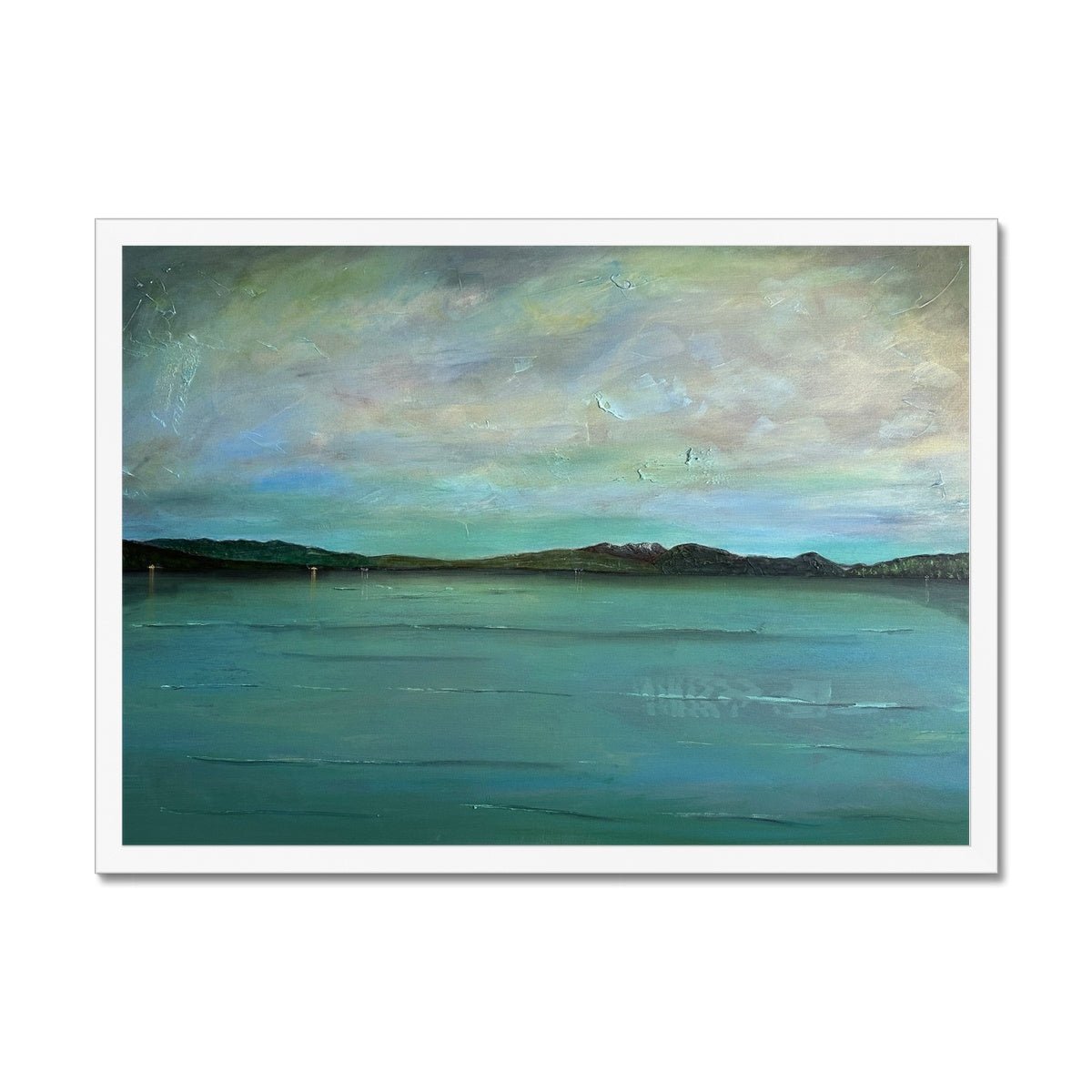 An Emerald Loch Lomond Painting | Framed Prints From Scotland-Framed Prints-Scottish Lochs & Mountains Art Gallery-A2 Landscape-White Frame-Paintings, Prints, Homeware, Art Gifts From Scotland By Scottish Artist Kevin Hunter
