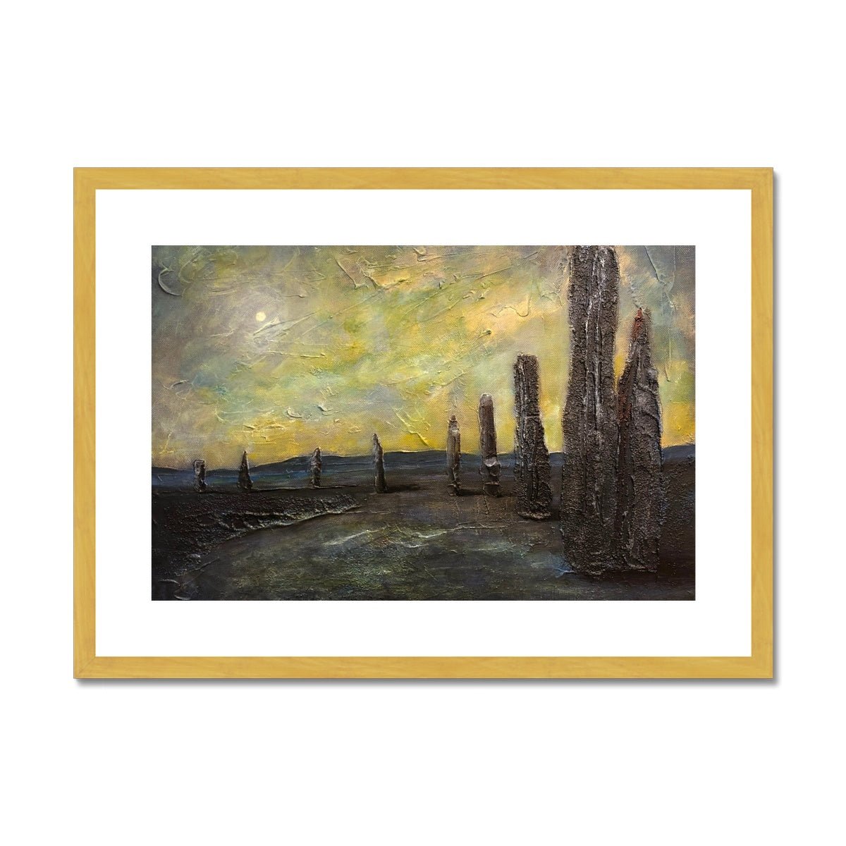 An Ethereal Ring Of Brodgar Orkney Painting | Antique Framed & Mounted Prints From Scotland-Antique Framed & Mounted Prints-Orkney Art Gallery-A2 Landscape-Gold Frame-Paintings, Prints, Homeware, Art Gifts From Scotland By Scottish Artist Kevin Hunter