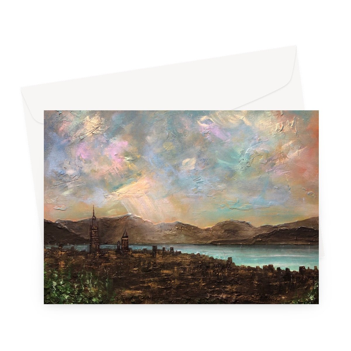 Angels Fingers Over Greenock Art Gifts Greeting Card-Greetings Cards-River Clyde Art Gallery-A5 Landscape-1 Card-Paintings, Prints, Homeware, Art Gifts From Scotland By Scottish Artist Kevin Hunter