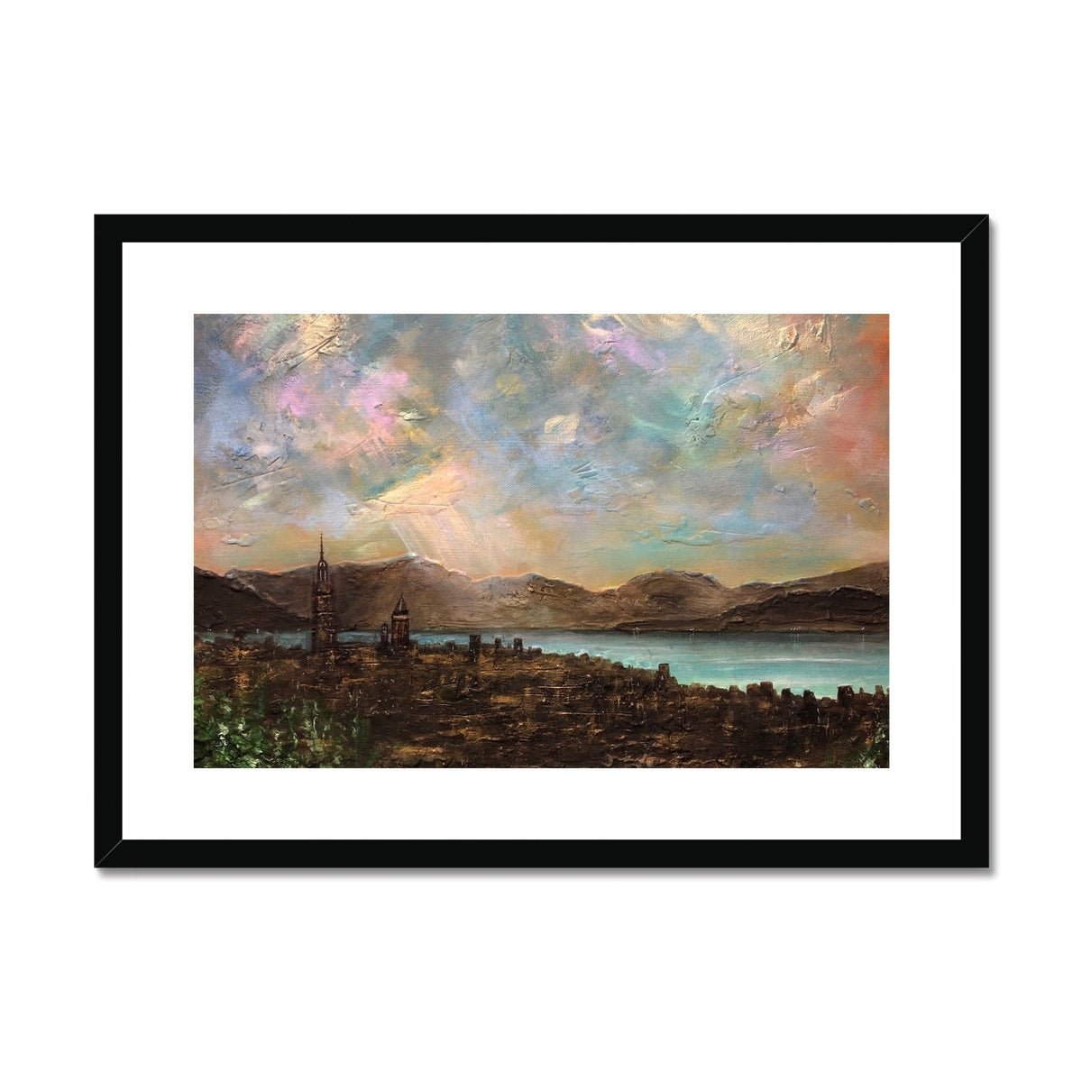 Angels Fingers Over Greenock Painting | Framed & Mounted Prints From Scotland-Framed & Mounted Prints-River Clyde Art Gallery-A2 Landscape-Black Frame-Paintings, Prints, Homeware, Art Gifts From Scotland By Scottish Artist Kevin Hunter