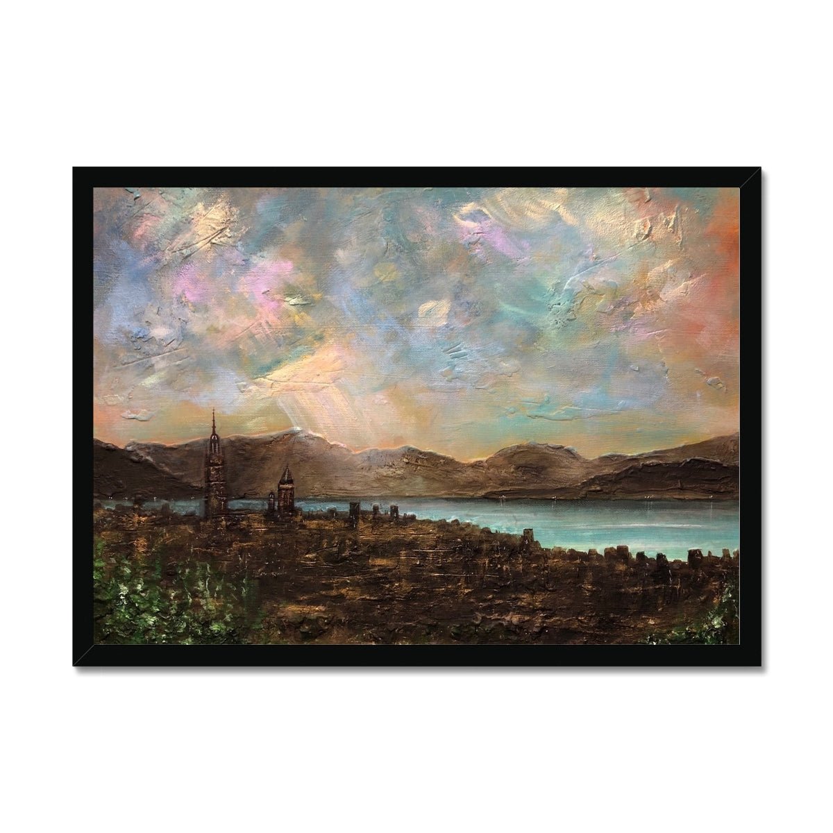 Angels Fingers Over Greenock Painting | Framed Prints From Scotland-Framed Prints-River Clyde Art Gallery-A2 Landscape-Black Frame-Paintings, Prints, Homeware, Art Gifts From Scotland By Scottish Artist Kevin Hunter