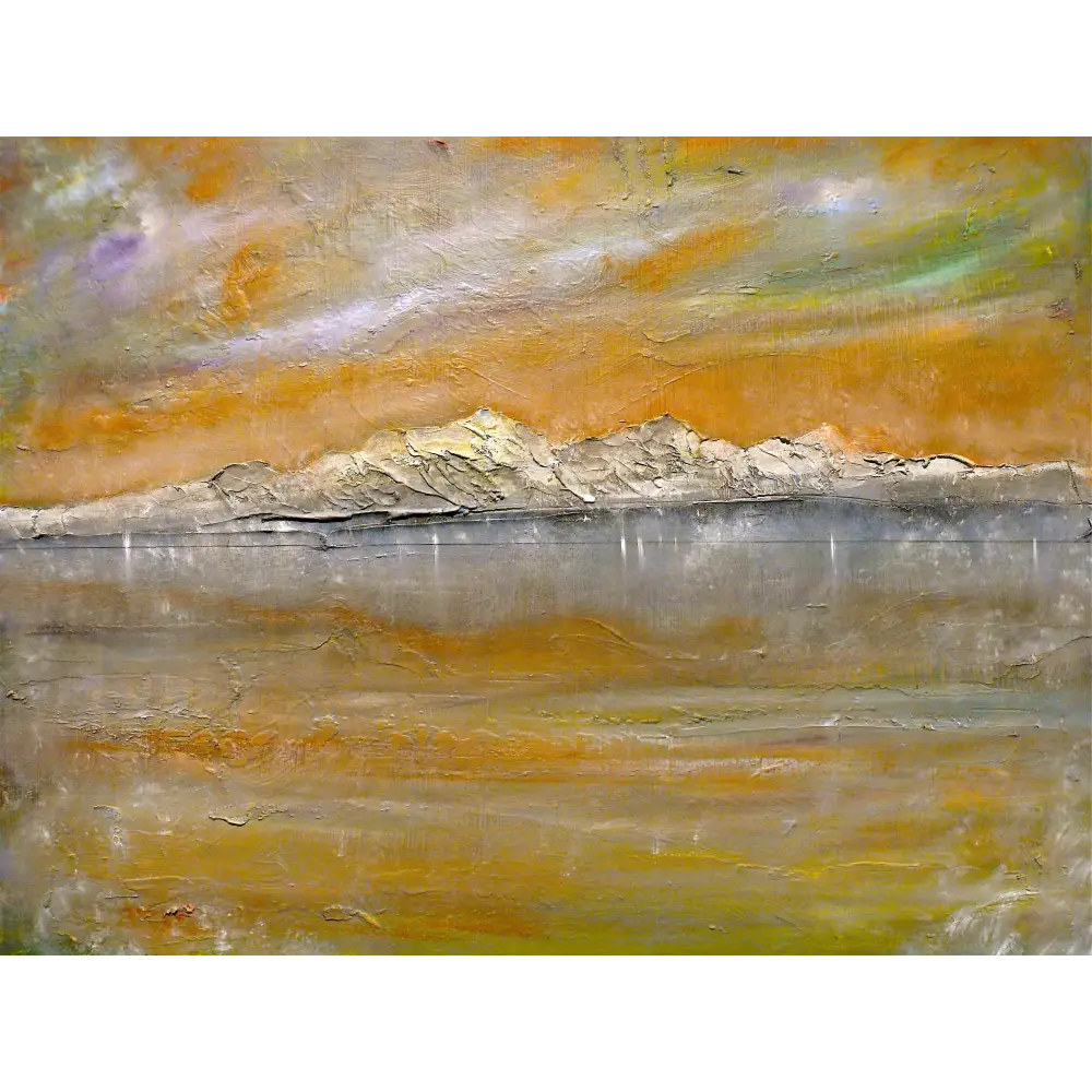 Textured landscape painting from Arran Snow art collection by Scottish artist showcasing snow art prints