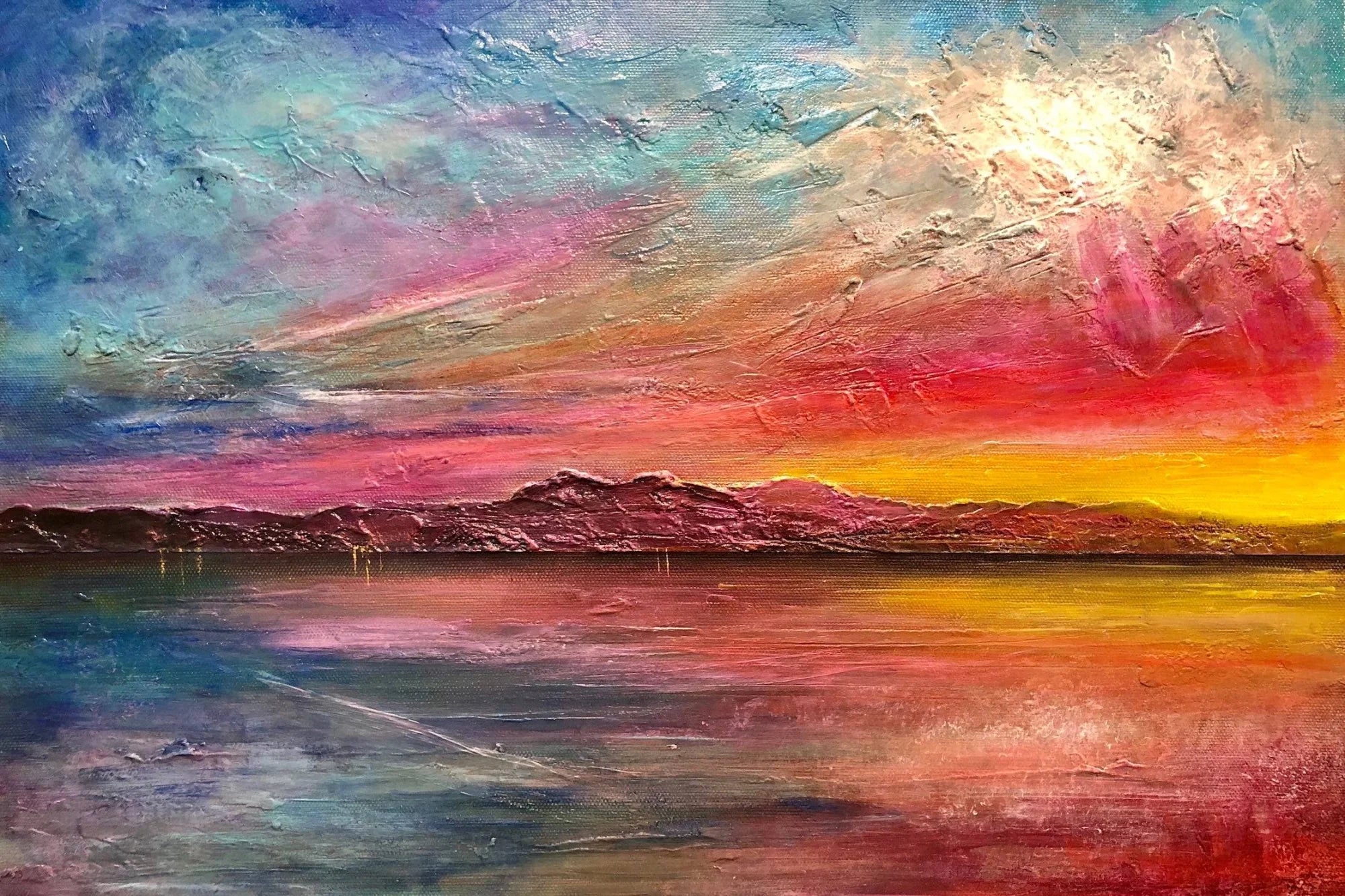 Arran Sunset Ii | Statement Interior Wall Art from Scotland - Gallery Worldwide Shipping Vibrantly Colored Textured Scottish Landscape