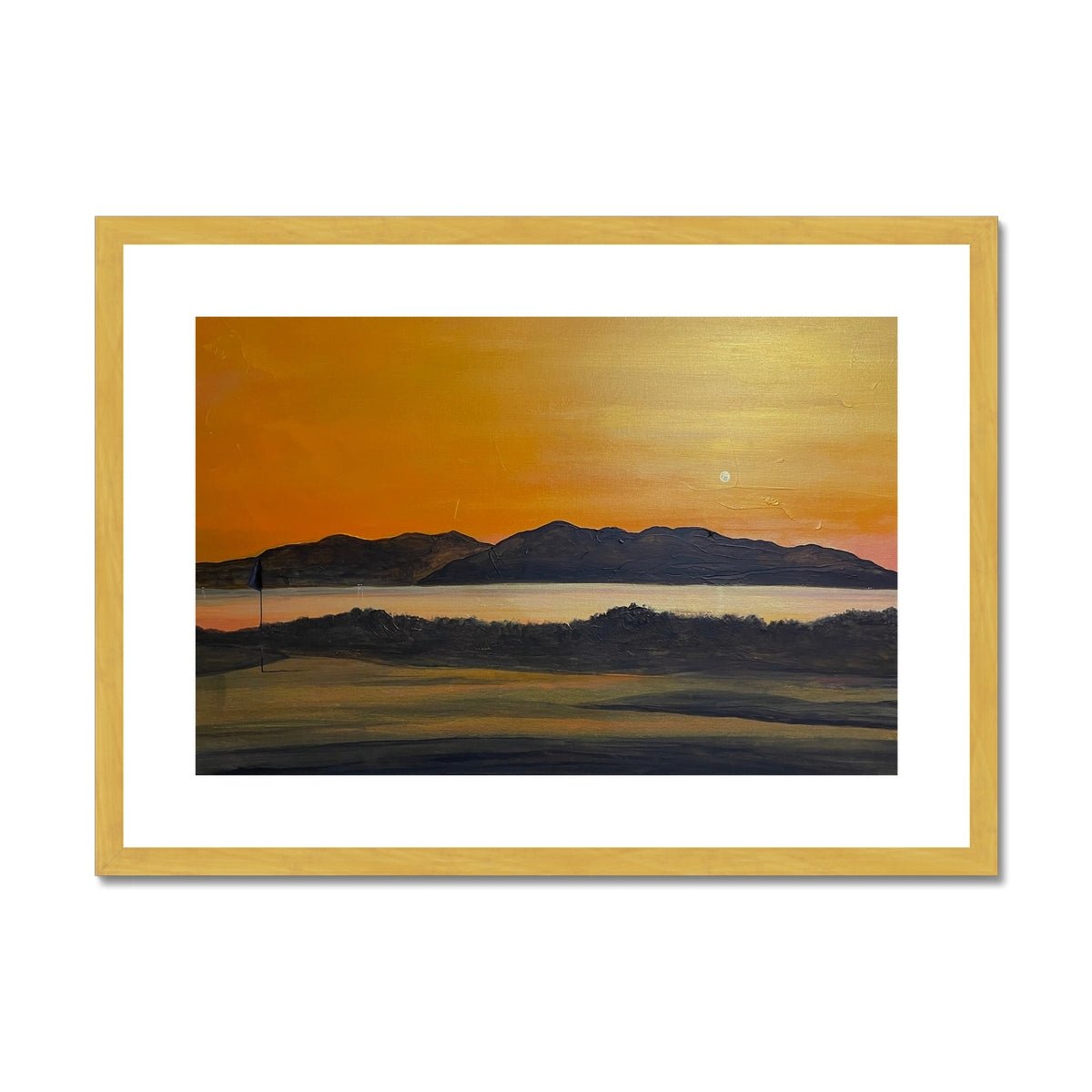 Arran & The 5th Green Royal Troon Golf Course Painting | Antique Framed & Mounted Prints From Scotland-Antique Framed & Mounted Prints-Arran Art Gallery-A2 Landscape-Gold Frame-Paintings, Prints, Homeware, Art Gifts From Scotland By Scottish Artist Kevin Hunter