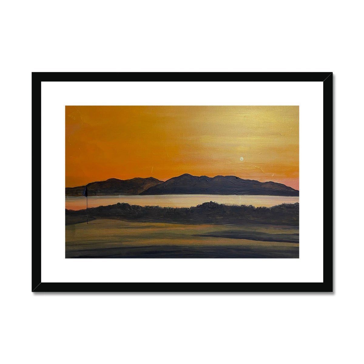 Arran & The 5th Green Royal Troon Golf Course Painting | Framed & Mounted Prints From Scotland-Framed & Mounted Prints-Arran Art Gallery-A2 Landscape-Black Frame-Paintings, Prints, Homeware, Art Gifts From Scotland By Scottish Artist Kevin Hunter