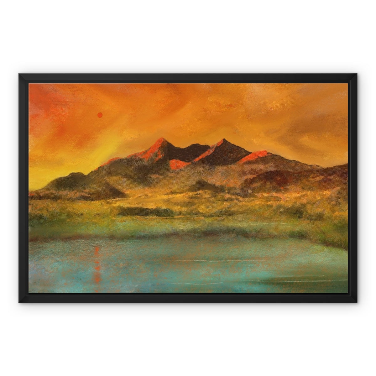 Skye Red Moon Cuillin Painting | Framed Canvas From Scotland-Floating Framed Canvas Prints-Skye Art Gallery-24"x18"-Black Frame-Paintings, Prints, Homeware, Art Gifts From Scotland By Scottish Artist Kevin Hunter