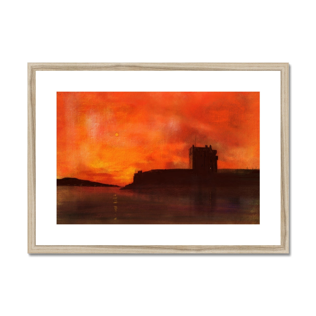 Broughty Castle Sunset Painting | Framed & Mounted Prints From Scotland-Framed & Mounted Prints-Historic & Iconic Scotland Art Gallery-A2 Landscape-Natural Frame-Paintings, Prints, Homeware, Art Gifts From Scotland By Scottish Artist Kevin Hunter