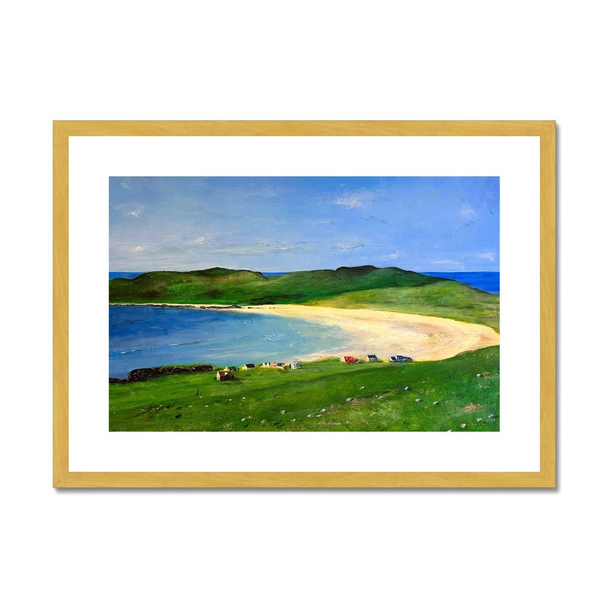Balephuil Beach Tiree Painting | Antique Framed & Mounted Prints From Scotland-Antique Framed & Mounted Prints-Hebridean Islands Art Gallery-A2 Landscape-Gold Frame-Paintings, Prints, Homeware, Art Gifts From Scotland By Scottish Artist Kevin Hunter