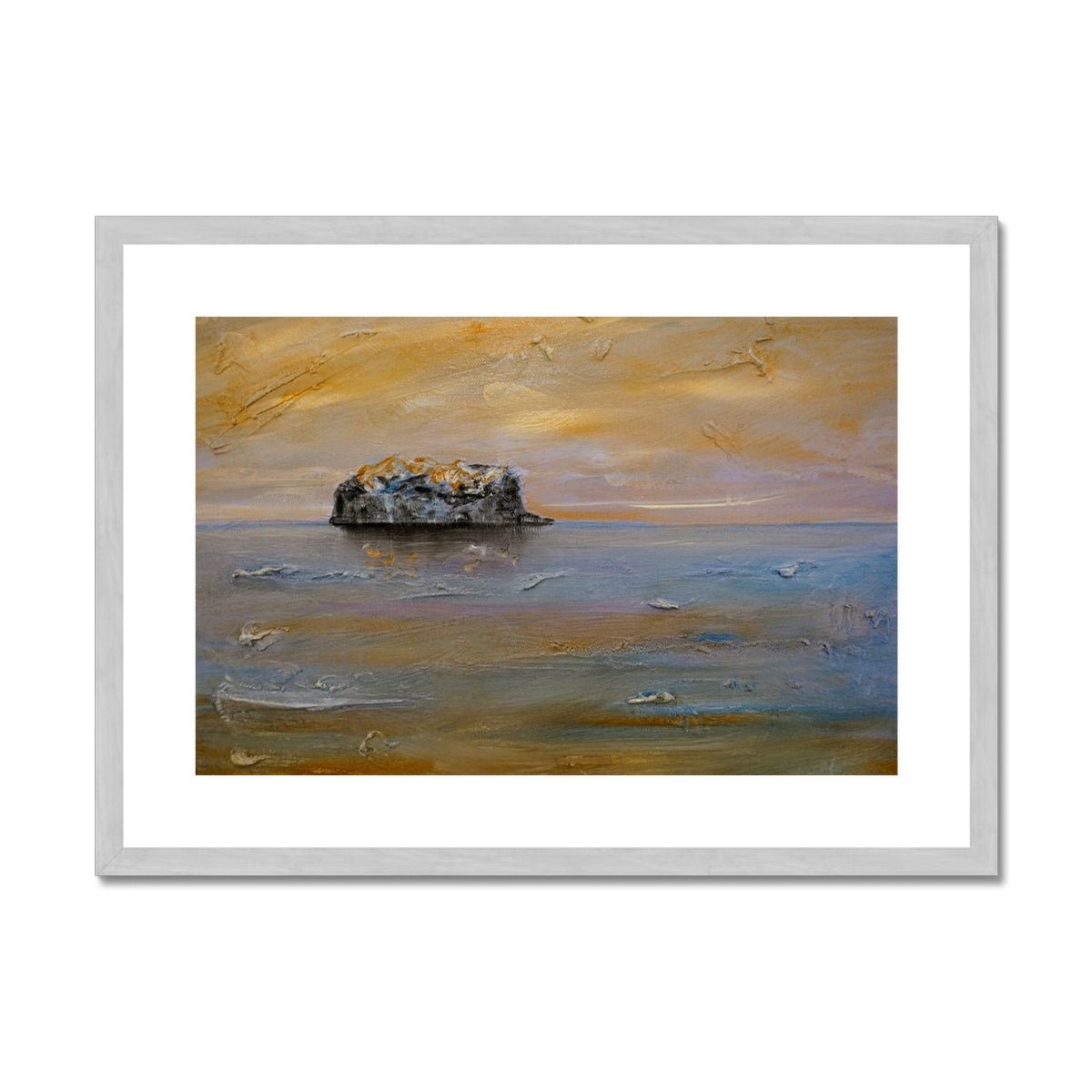 Bass Rock Dawn Painting | Antique Framed & Mounted Prints From Scotland-Antique Framed & Mounted Prints-Edinburgh & Glasgow Art Gallery-A2 Landscape-Silver Frame-Paintings, Prints, Homeware, Art Gifts From Scotland By Scottish Artist Kevin Hunter
