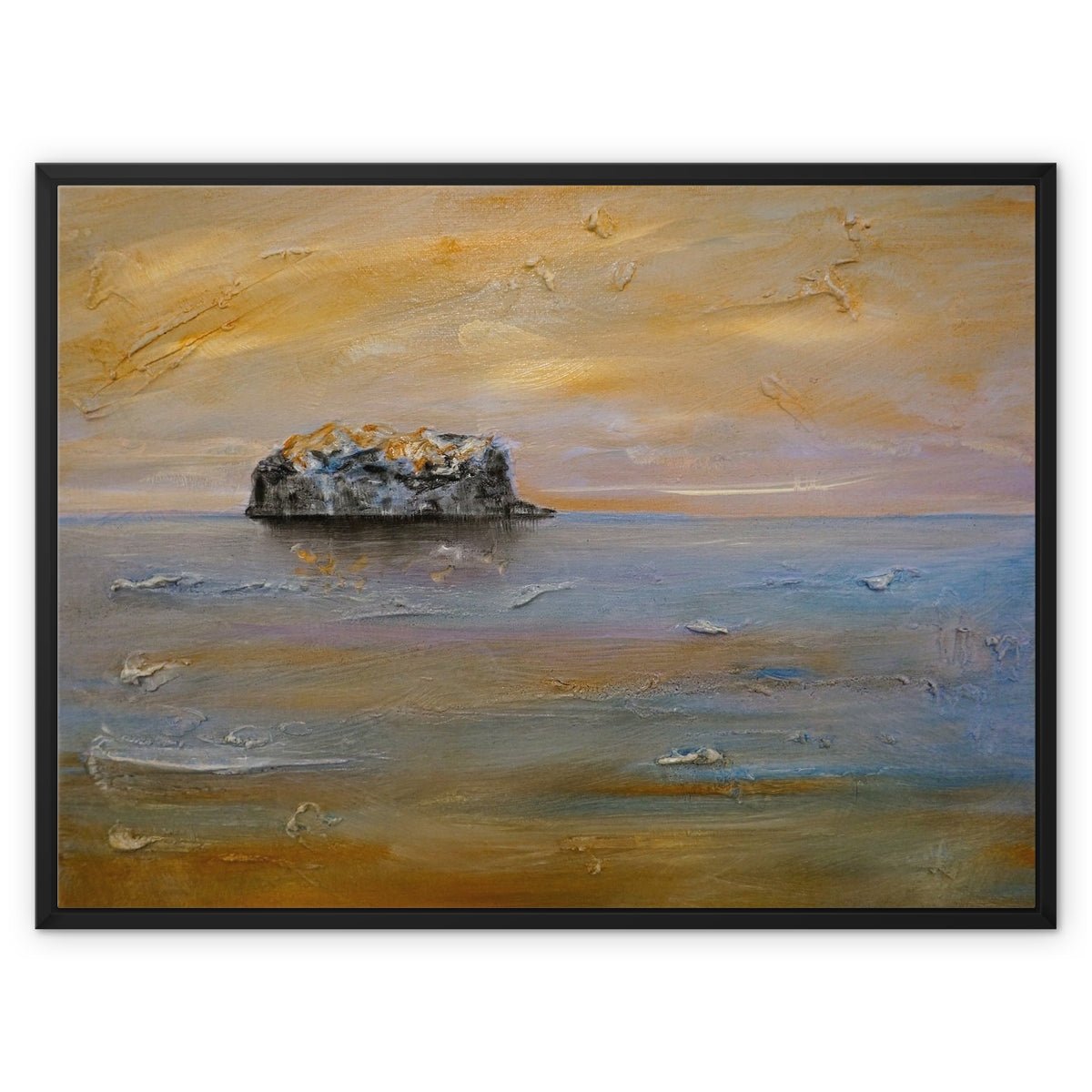 Bass Rock Dawn Painting | Framed Canvas From Scotland-Floating Framed Canvas Prints-Edinburgh & Glasgow Art Gallery-32"x24"-Black Frame-Paintings, Prints, Homeware, Art Gifts From Scotland By Scottish Artist Kevin Hunter