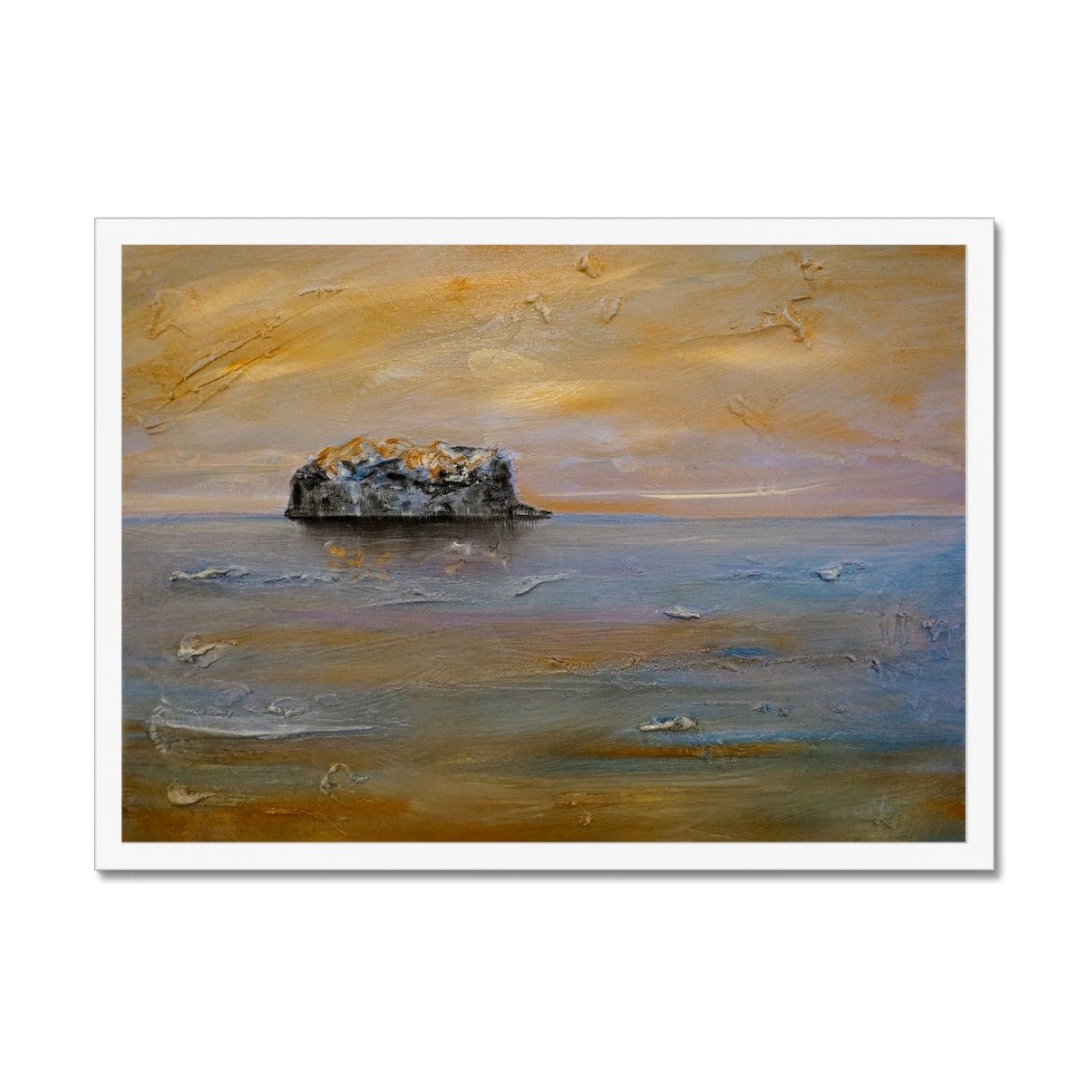 Bass Rock Dawn Painting | Framed Prints From Scotland-Framed Prints-Edinburgh & Glasgow Art Gallery-A2 Landscape-White Frame-Paintings, Prints, Homeware, Art Gifts From Scotland By Scottish Artist Kevin Hunter