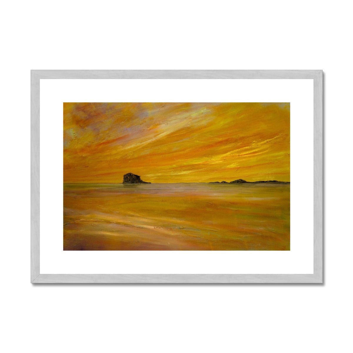 Bass Rock Dusk Painting | Antique Framed & Mounted Prints From Scotland-Antique Framed & Mounted Prints-Edinburgh & Glasgow Art Gallery-A2 Landscape-Silver Frame-Paintings, Prints, Homeware, Art Gifts From Scotland By Scottish Artist Kevin Hunter