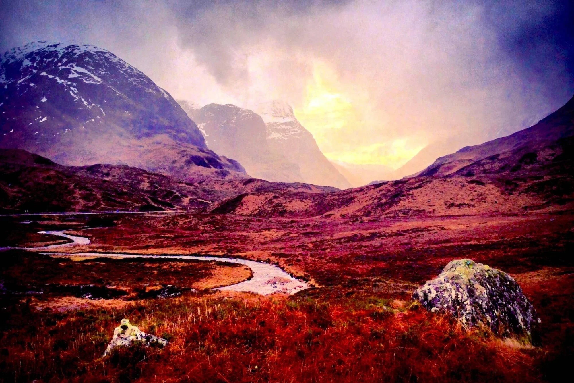 A Brooding Glencoe | Statement Interior Wall Art from Scotland - Gallery Worldwide Shipping River Vibrant Mountainous Scottish Prints