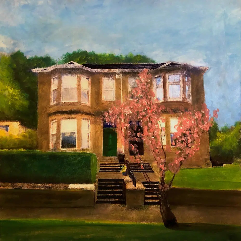 Impressionistic house with flowering tree on Broomberry Drive art by Scottish artist featuring River Clyde