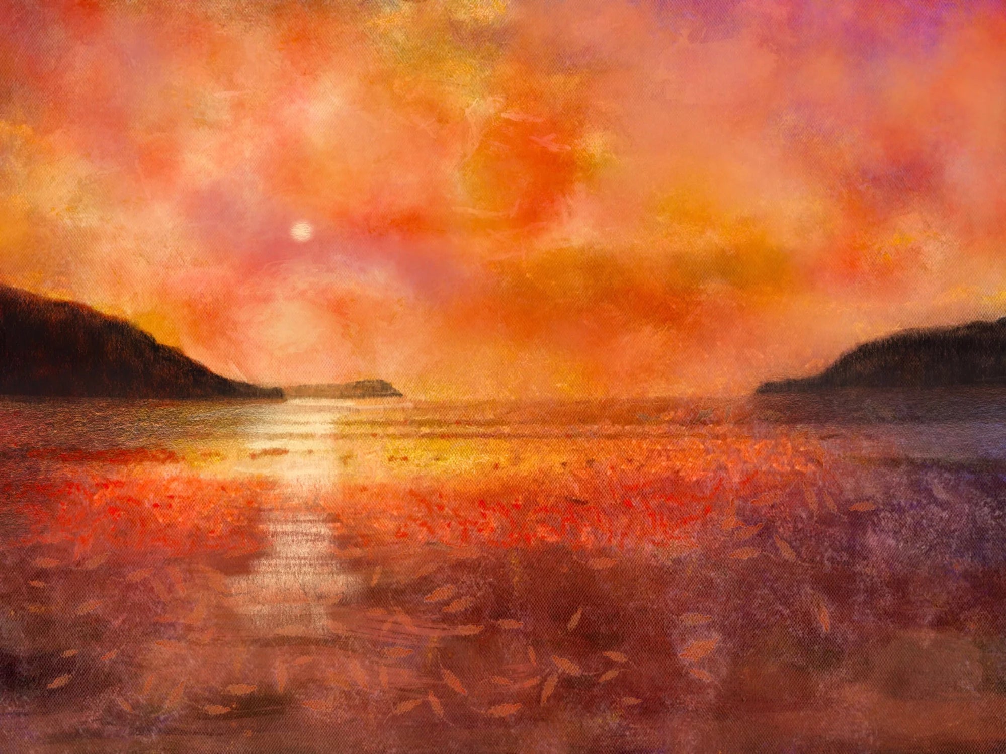 Calgary Beach Sunset Mull - Hebridean Islands Art Gallery Scotland Worldwide Shipping Fiery Sunset Seascape Kevin Hunter Portfolio Giclee