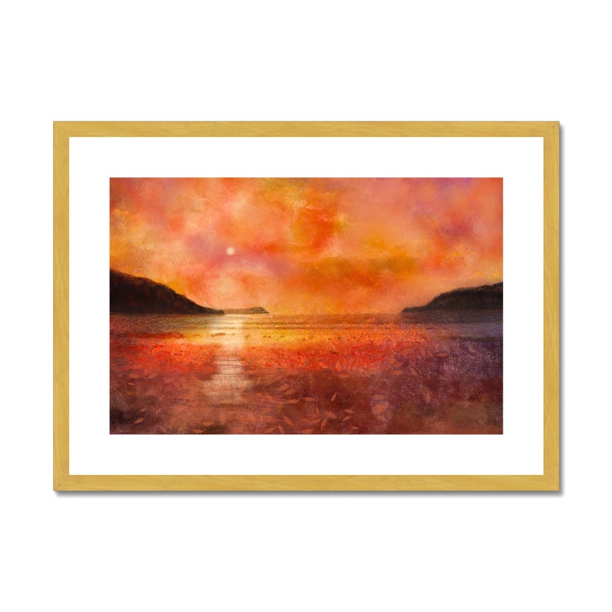 Calgary Beach Sunset Mull Painting | Antique Framed & Mounted Prints From Scotland-Antique Framed & Mounted Prints-Hebridean Islands Art Gallery-A2 Landscape-Gold Frame-Paintings, Prints, Homeware, Art Gifts From Scotland By Scottish Artist Kevin Hunter