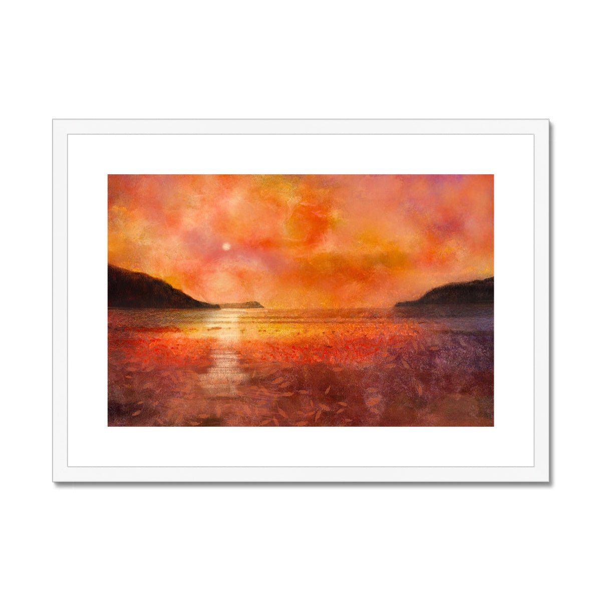 Calgary Beach Sunset Mull Painting | Framed & Mounted Prints From Scotland-Framed & Mounted Prints-Hebridean Islands Art Gallery-A2 Landscape-White Frame-Paintings, Prints, Homeware, Art Gifts From Scotland By Scottish Artist Kevin Hunter