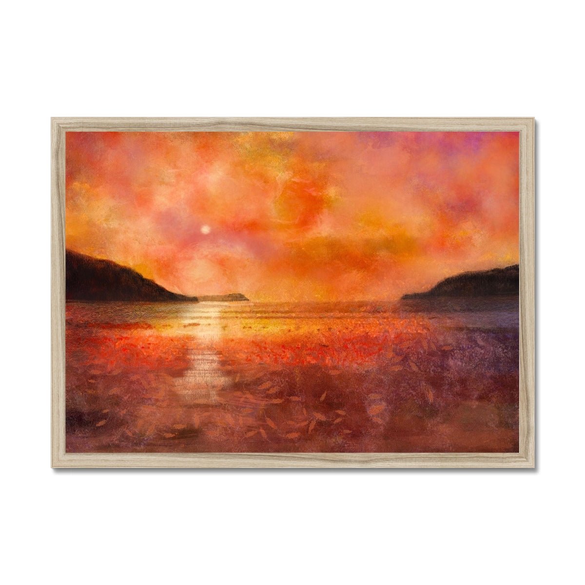 Calgary Beach Sunset Mull Painting | Framed Prints From Scotland-Framed Prints-Hebridean Islands Art Gallery-A2 Landscape-Natural Frame-Paintings, Prints, Homeware, Art Gifts From Scotland By Scottish Artist Kevin Hunter