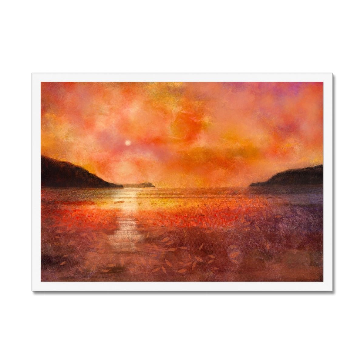 Calgary Beach Sunset Mull Painting | Framed Prints From Scotland-Framed Prints-Hebridean Islands Art Gallery-A2 Landscape-White Frame-Paintings, Prints, Homeware, Art Gifts From Scotland By Scottish Artist Kevin Hunter