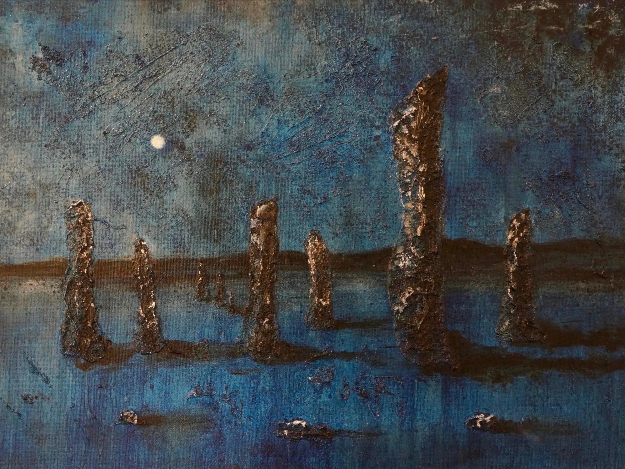 Callanish Moonlight - Hebridean Islands Art Gallery Scotland Worldwide Shipping Textured Blue Landscape Kevin Hunter Portfolio Giclee Prints