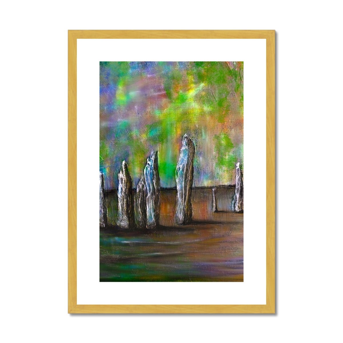 Callanish Northern Lights Lewis Painting | Antique Framed & Mounted Prints From Scotland-Antique Framed & Mounted Prints-Hebridean Islands Art Gallery-A2 Portrait-Gold Frame-Paintings, Prints, Homeware, Art Gifts From Scotland By Scottish Artist Kevin Hunter
