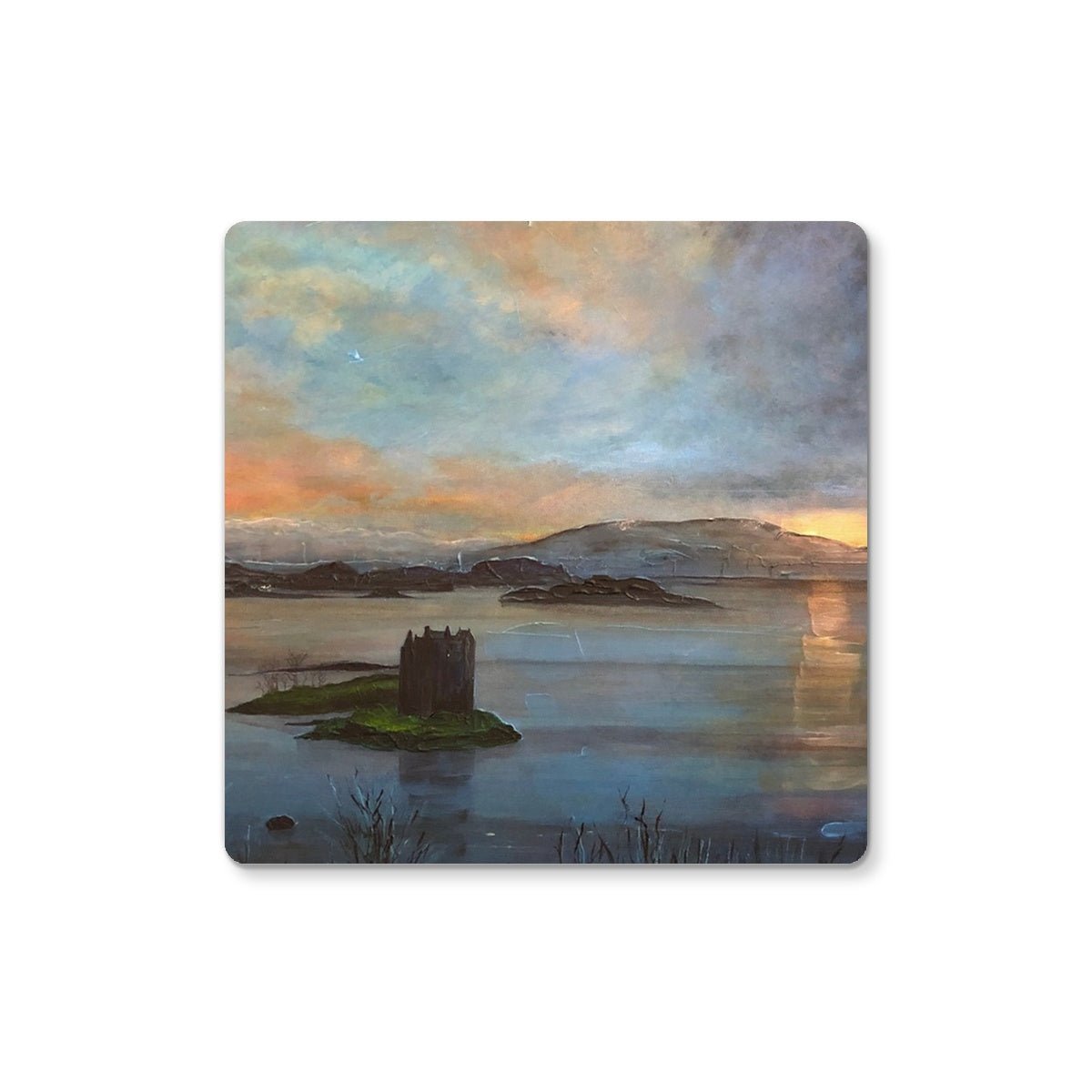 Castle Stalker Twilight Art Gift Coaster-Coasters-Historic & Iconic Scotland Art Gallery-2 Coasters-Paintings, Prints, Homeware, Art Gifts From Scotland By Scottish Artist Kevin Hunter