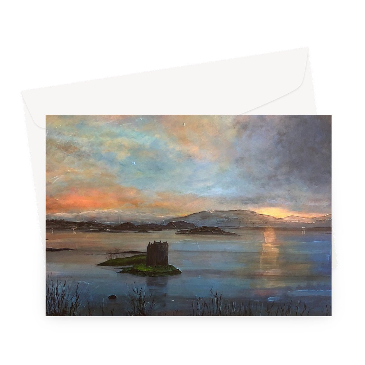 Castle Stalker Twilight Art Gifts Greeting Card-Greetings Cards-Historic & Iconic Scotland Art Gallery-A5 Landscape-1 Card-Paintings, Prints, Homeware, Art Gifts From Scotland By Scottish Artist Kevin Hunter