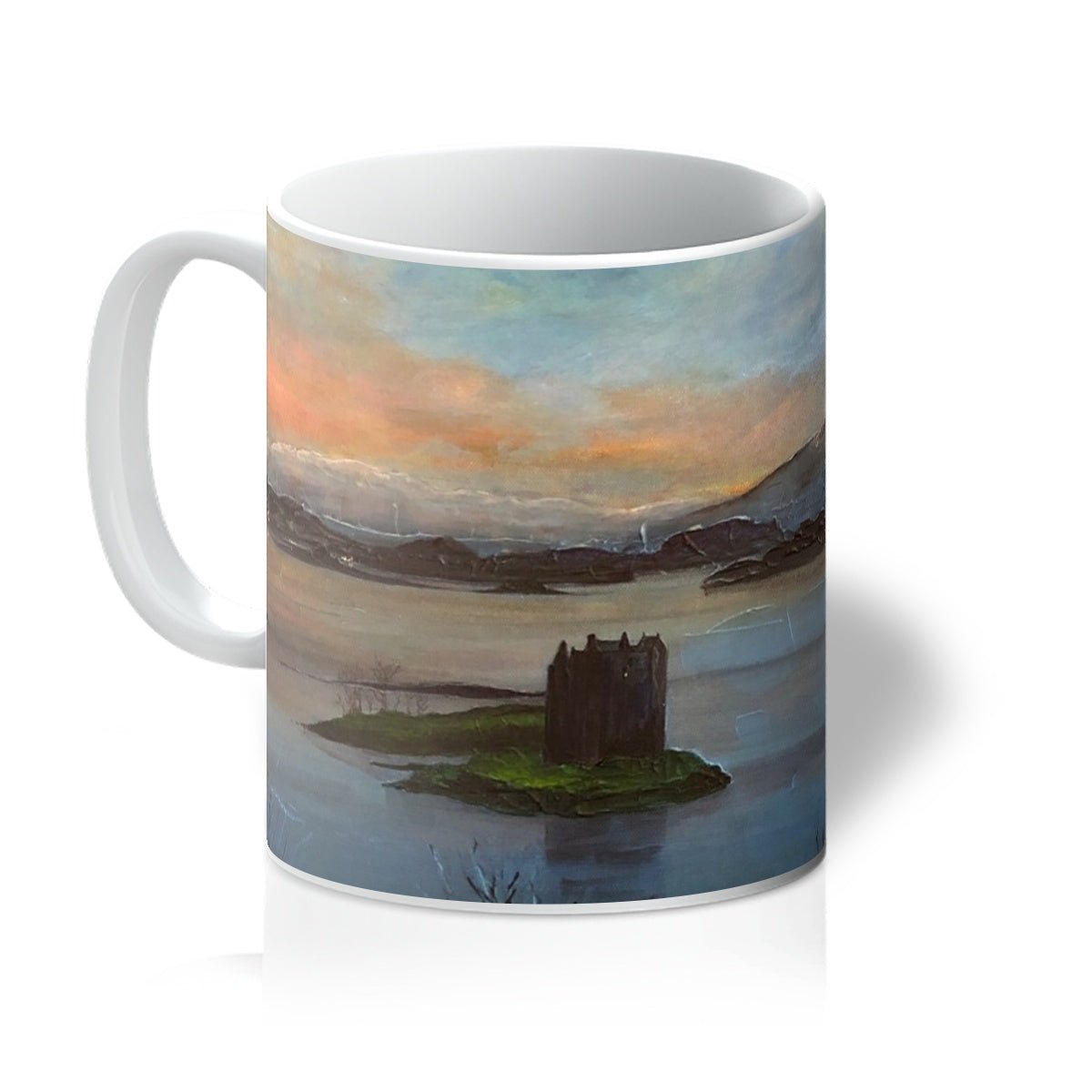 Castle Stalker Twilight Art Gifts Mug-Mugs-Historic & Iconic Scotland Art Gallery-11oz-White-Paintings, Prints, Homeware, Art Gifts From Scotland By Scottish Artist Kevin Hunter