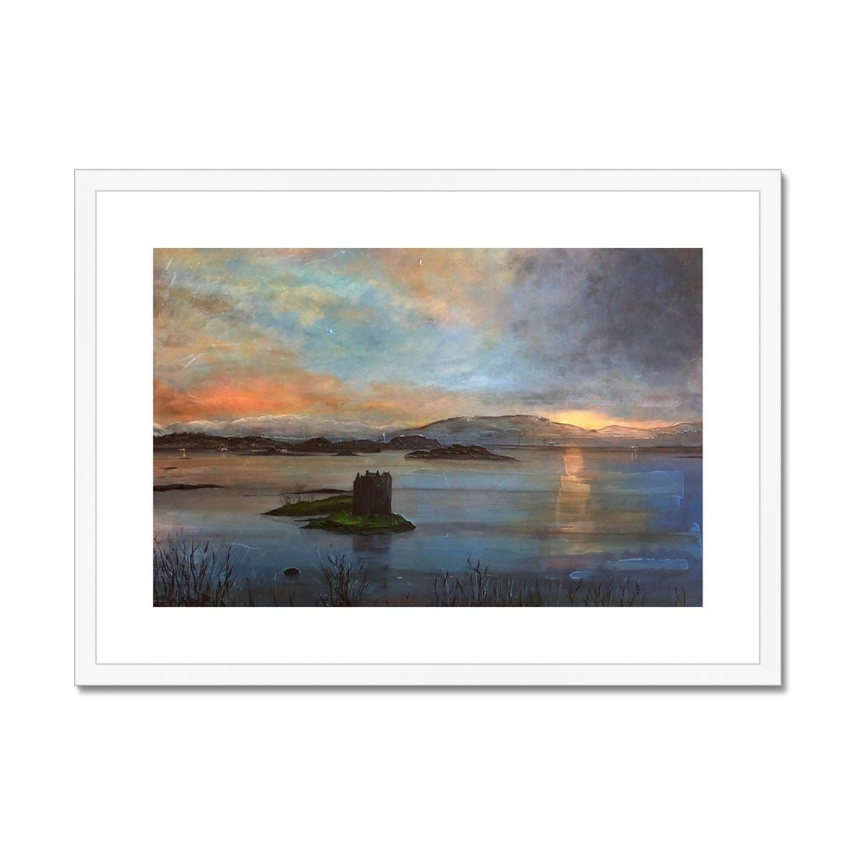 Castle Stalker Twilight Painting | Framed & Mounted Prints From Scotland-Framed & Mounted Prints-Historic & Iconic Scotland Art Gallery-A2 Landscape-White Frame-Paintings, Prints, Homeware, Art Gifts From Scotland By Scottish Artist Kevin Hunter