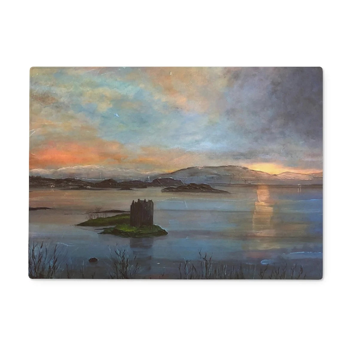 Castle Stalker Twilight Glass Chopping Board - Historic & Iconic Art Gallery Scotland Worldwide Shipping Oil Painting Castle Scottish