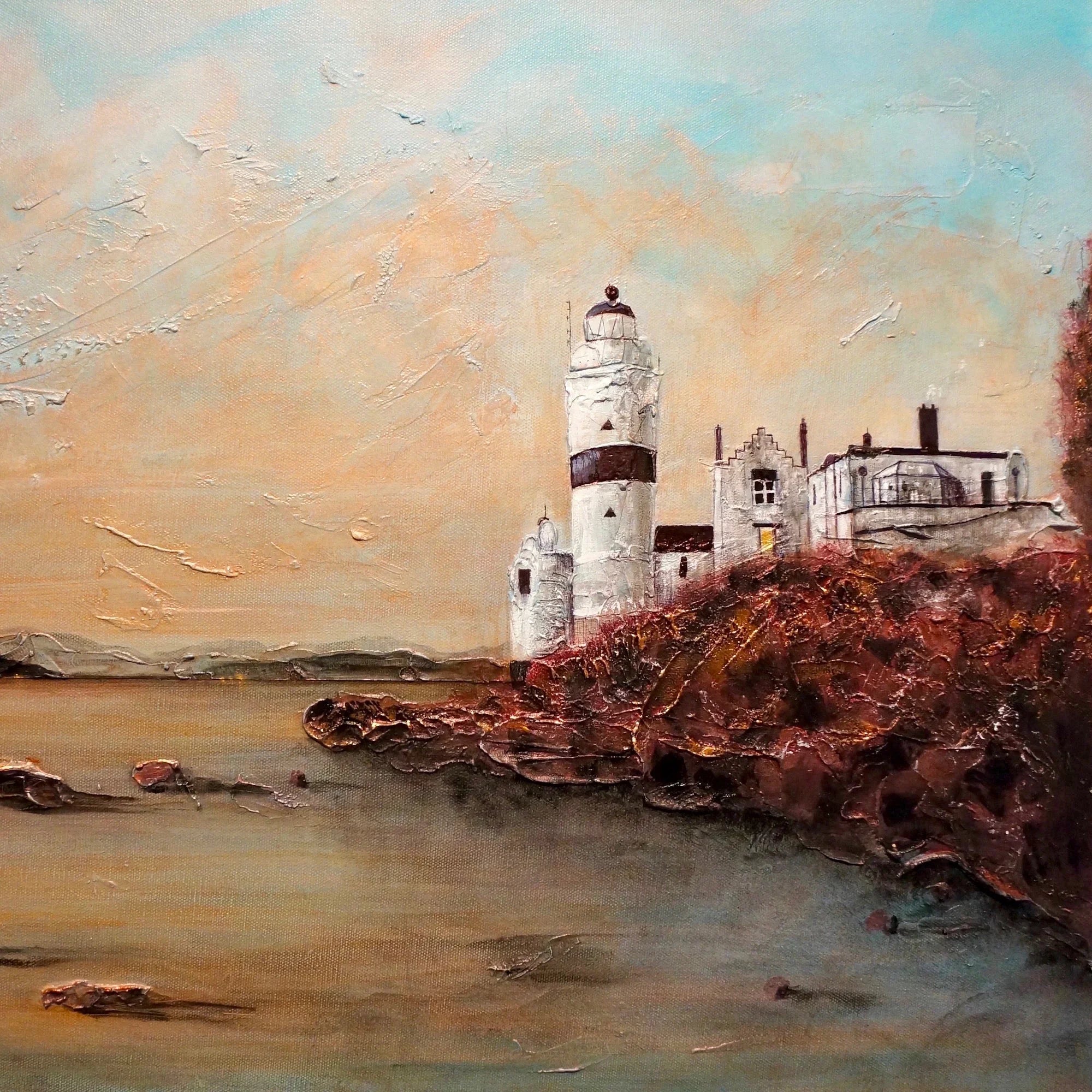 Cloch Lighthouse Dawn | Scotland in your Pocket - River Clyde Art Gallery Worldwide Shipping Impasto Painting Lighthouse Scottish Landscape