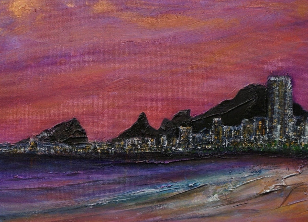 Impasto cityscape painting of Copacabana Beach, vibrant beach prints and visual artwork