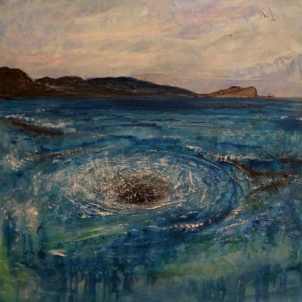 Whirlpool in blue sea depicted in Corryvreckan art prints from Scotland