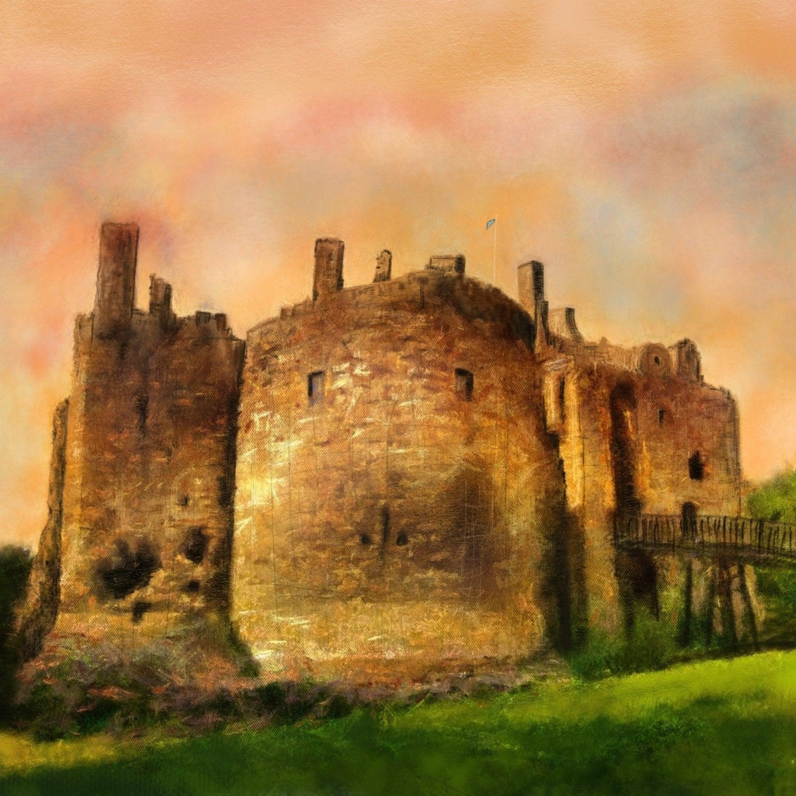 Dirleton Castle Dusk Wooden Art Block-Wooden Art Blocks-Scottish Castles Art Gallery-Paintings, Prints, Homeware, Art Gifts From Scotland By Scottish Artist Kevin Hunter