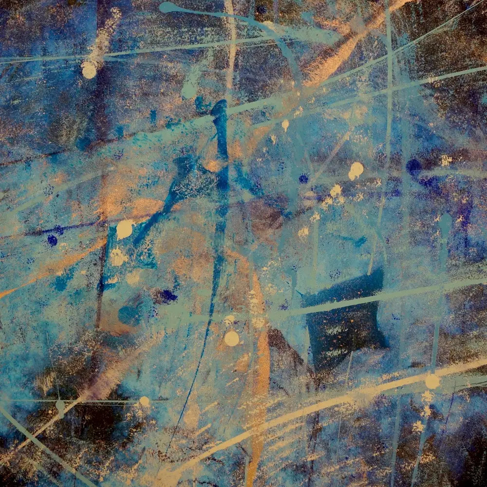 Abstract blue and beige paint splatter art print from Diving with Rays rays art prints collection