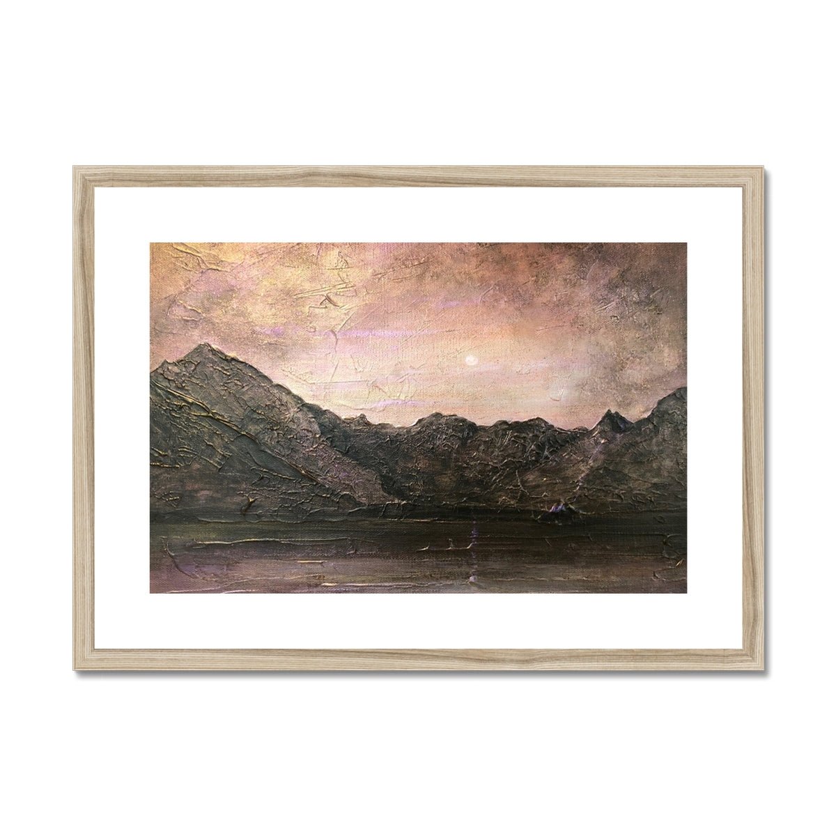 Dubh Ridge Moonlight Skye Painting | Framed & Mounted Prints From Scotland-Framed & Mounted Prints-Skye Art Gallery-A2 Landscape-Natural Frame-Paintings, Prints, Homeware, Art Gifts From Scotland By Scottish Artist Kevin Hunter