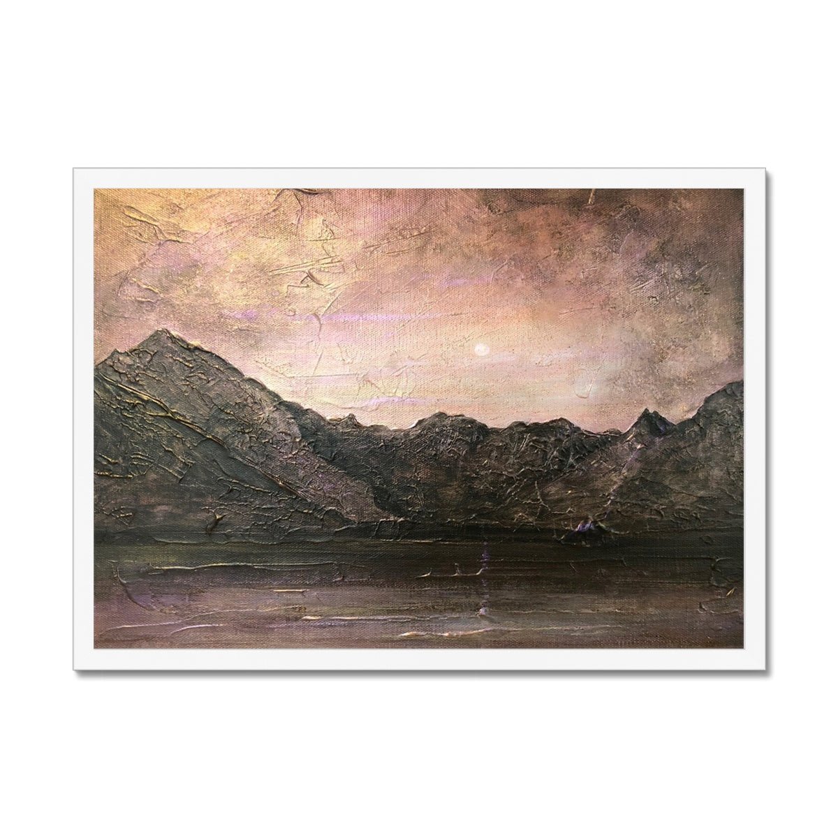 Dubh Ridge Moonlight Skye Painting | Framed Prints From Scotland-Framed Prints-Skye Art Gallery-A2 Landscape-White Frame-Paintings, Prints, Homeware, Art Gifts From Scotland By Scottish Artist Kevin Hunter