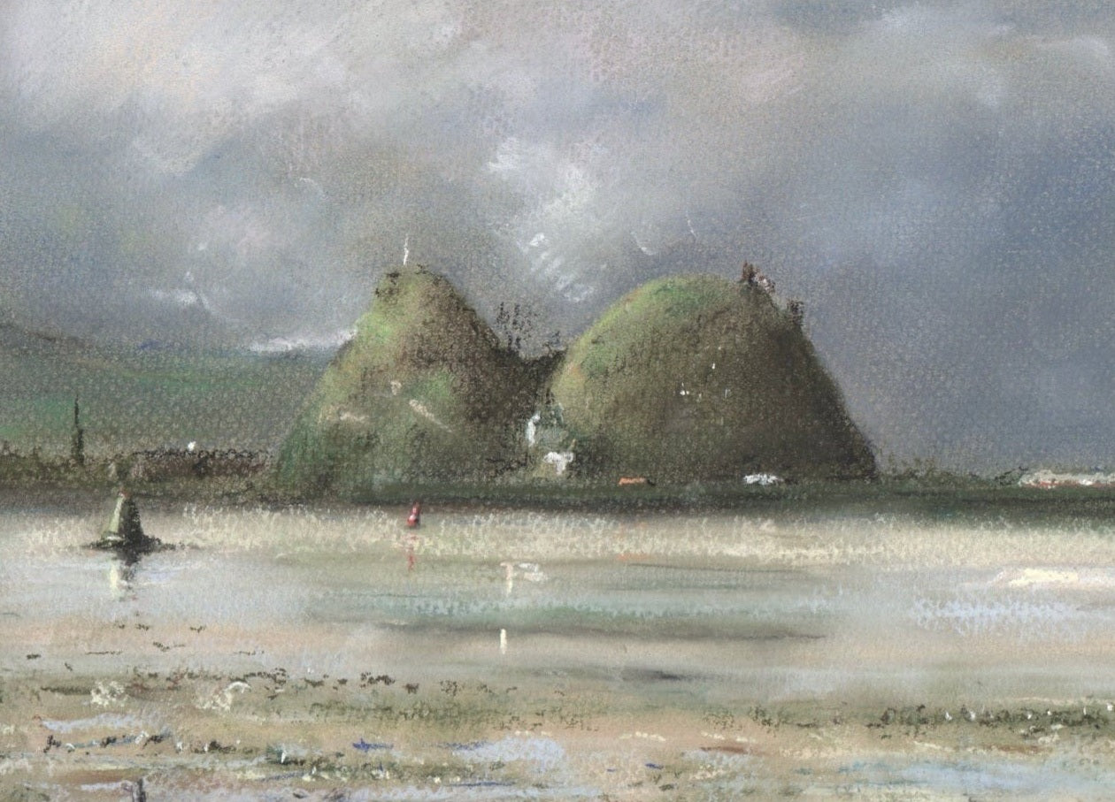 Hilly landscape with cloudy skies over Dumbarton Rock and the River Clyde for art print