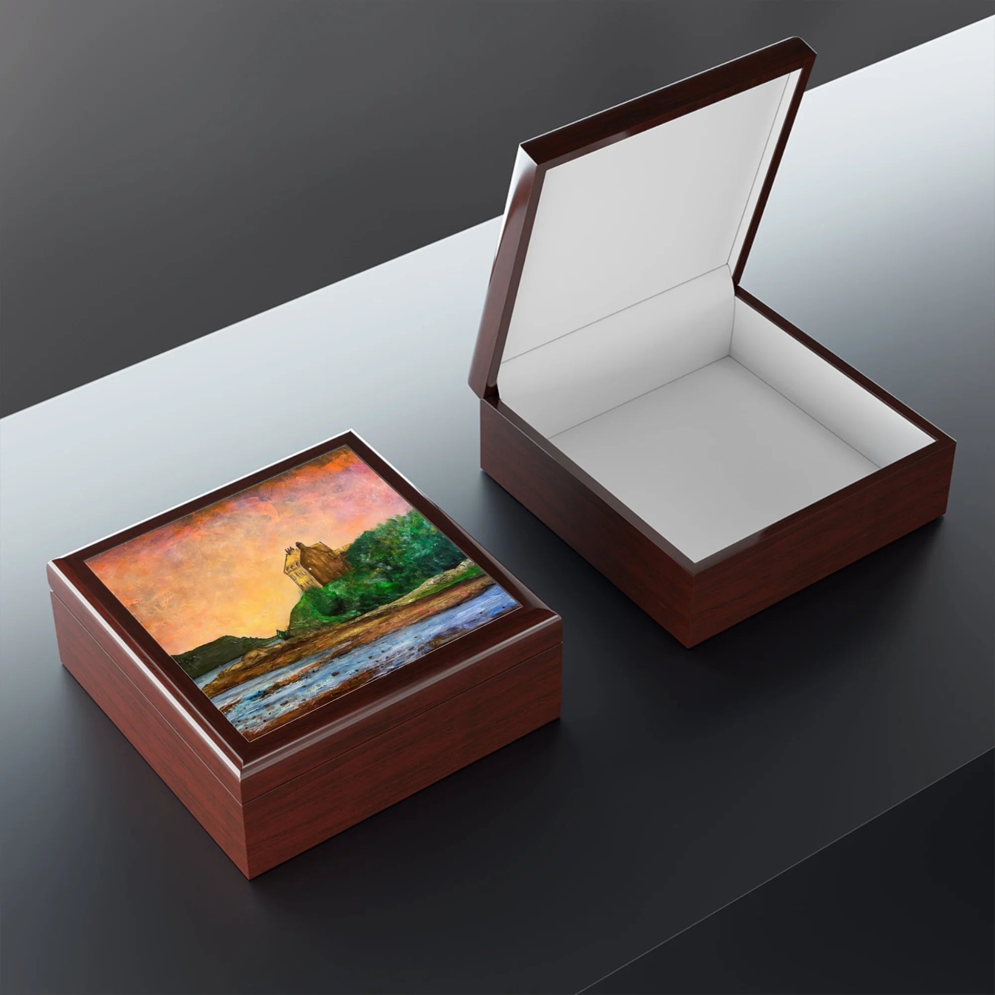 Duntrune Castle | Art Jewellery Box | Scotland - Historic & Iconic Gallery Worldwide Shipping Two Rectangular Wooden Scottish Castles