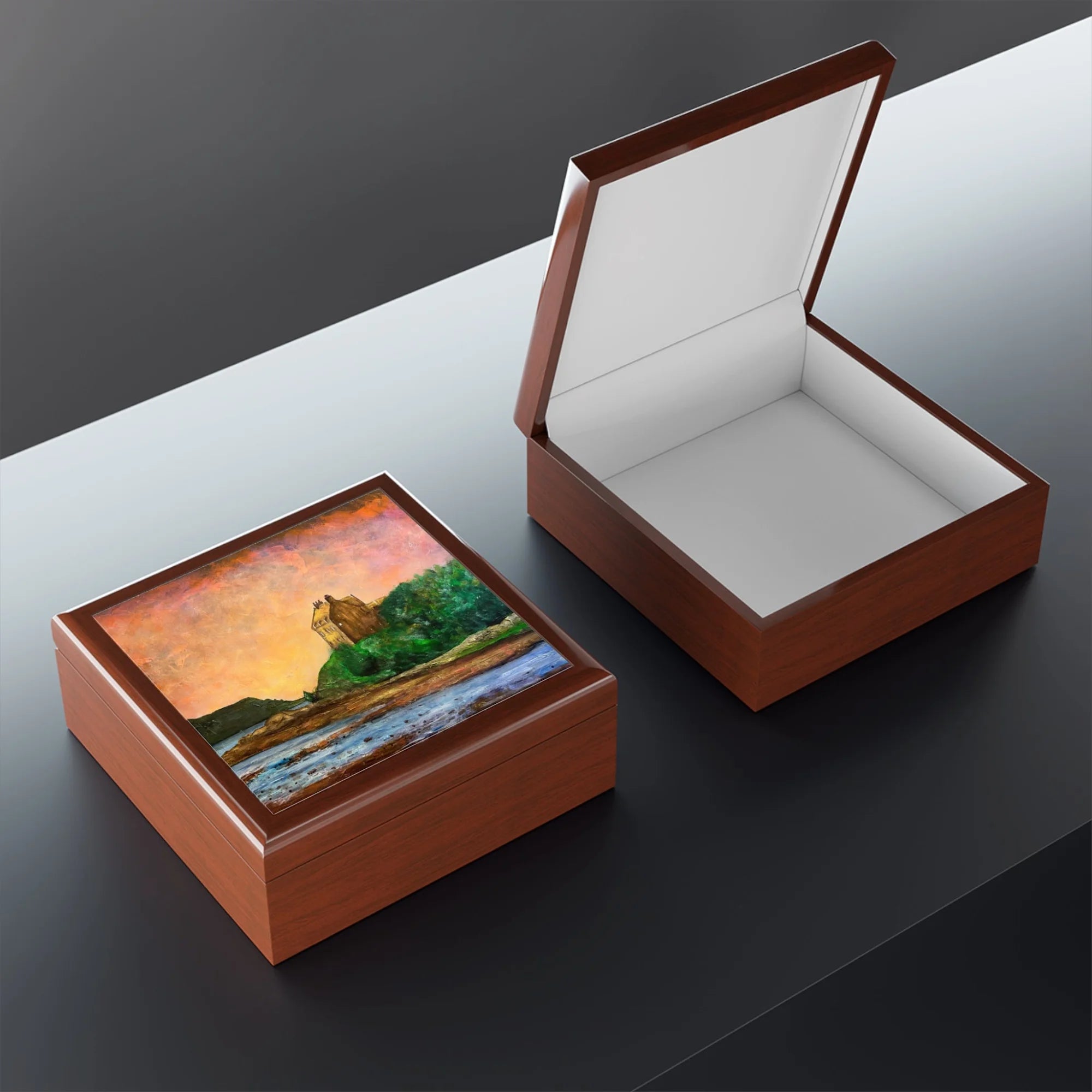 Duntrune Castle | Art Jewellery Box | Scotland - Historic & Iconic Gallery Worldwide Shipping Two Brown Wooden Scottish Castles Paintings