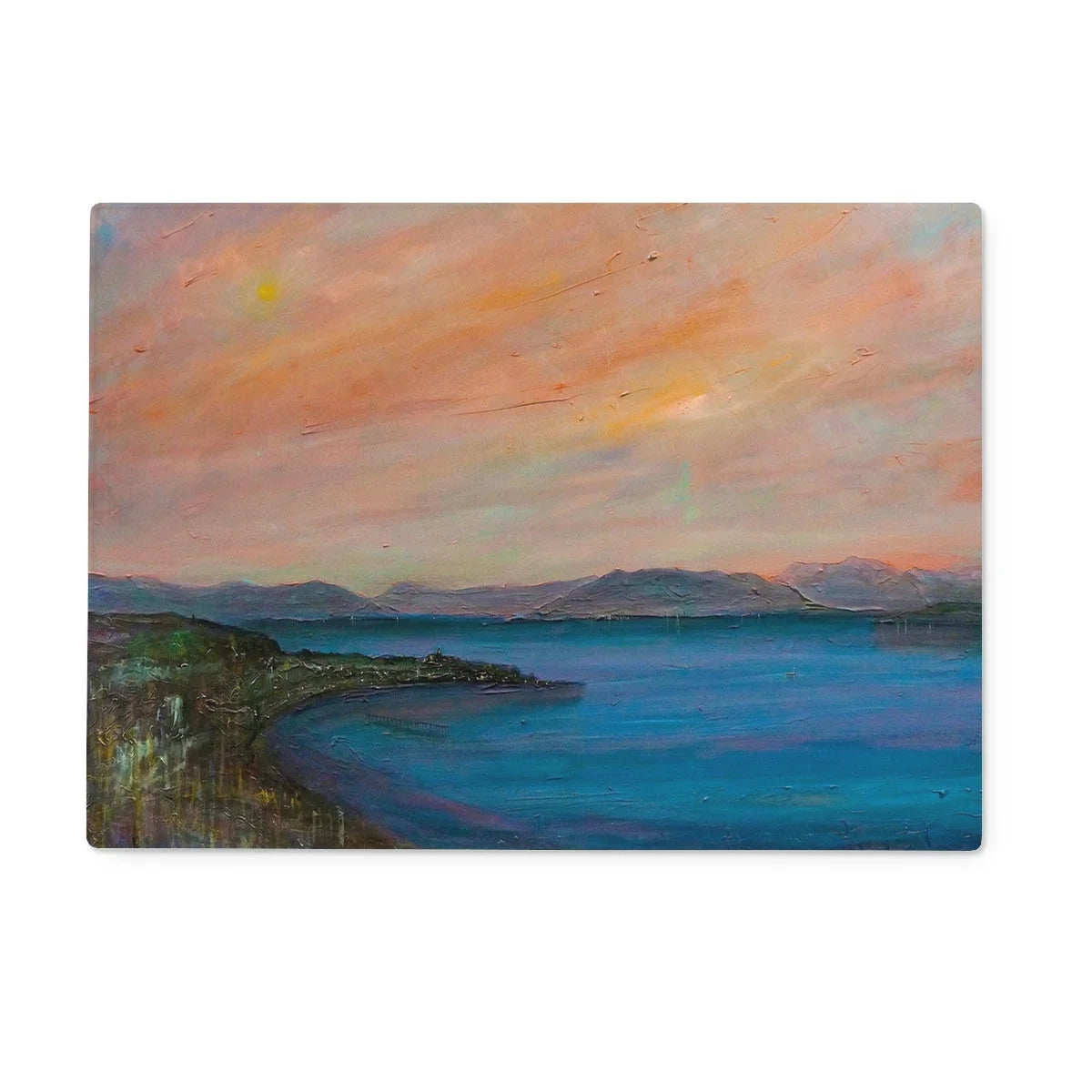 Dusk Over Gourock Glass Chopping Board - River Clyde Art Gallery Scotland Worldwide Shipping Impressionistic Landscape Painting Scottish