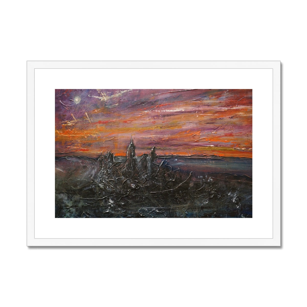 Storr Moonlight Skye Painting | Framed & Mounted Prints From Scotland-Framed & Mounted Prints-Skye Art Gallery-A2 Landscape-White Frame-Paintings, Prints, Homeware, Art Gifts From Scotland By Scottish Artist Kevin Hunter