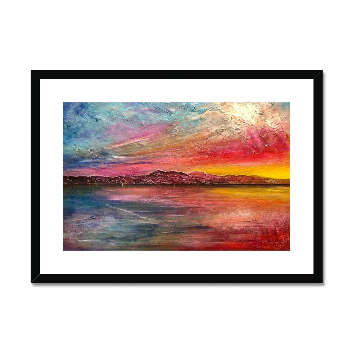 Arran Sunset ii Painting | Framed & Mounted Prints From Scotland-Framed & Mounted Prints-Arran Art Gallery-A2 Landscape-Black Frame-Paintings, Prints, Homeware, Art Gifts From Scotland By Scottish Artist Kevin Hunter