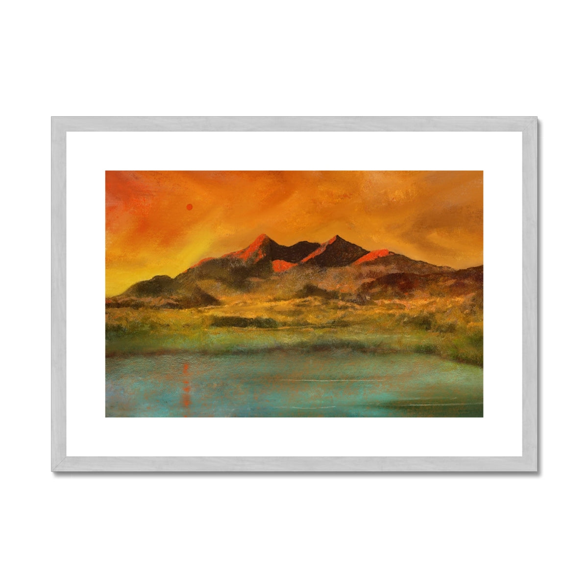 Skye Red Moon Cuillin Painting | Antique Framed & Mounted Prints From Scotland-Antique Framed & Mounted Prints-Skye Art Gallery-A2 Landscape-Silver Frame-Paintings, Prints, Homeware, Art Gifts From Scotland By Scottish Artist Kevin Hunter
